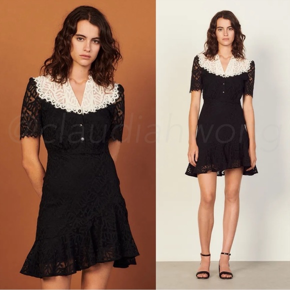 SANDRO Rosane Two Tone Gathered Corded Lace Mini Dress in Black - Picture 1 of 12